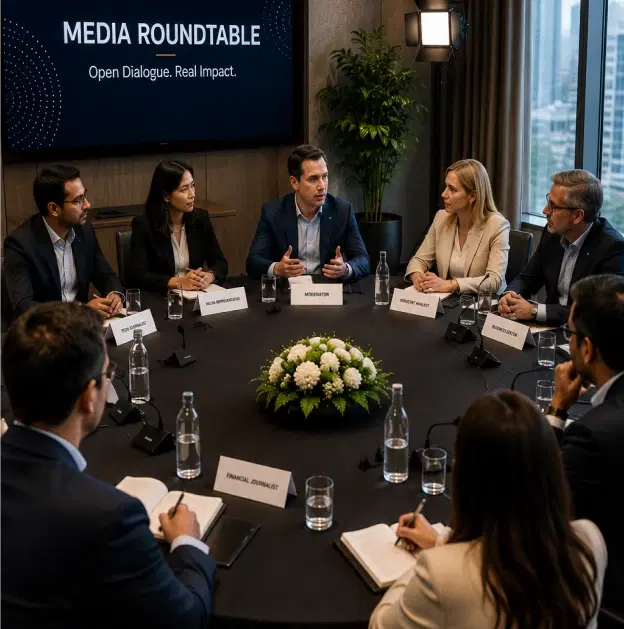 Editorial media discussion with executive briefing and journalist seating arrangement