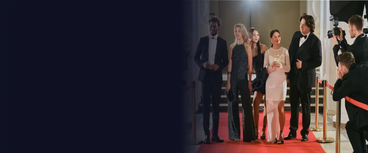 Celebrity red carpet arrival with photographers, flashing cameras, and VIP entrance visibility