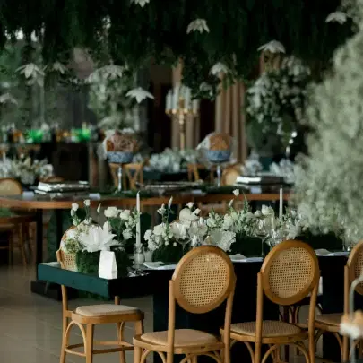 A beautifully decorated event space in Charlotte with elegant floral arrangements and ambient lighting