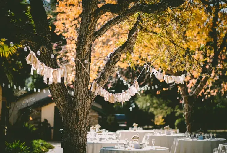 Garden party planned with outdoor seating, floral decor, dining, and guest comfort