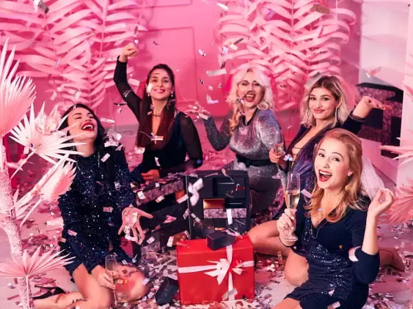 A group of friends celebrating a bachelorette party