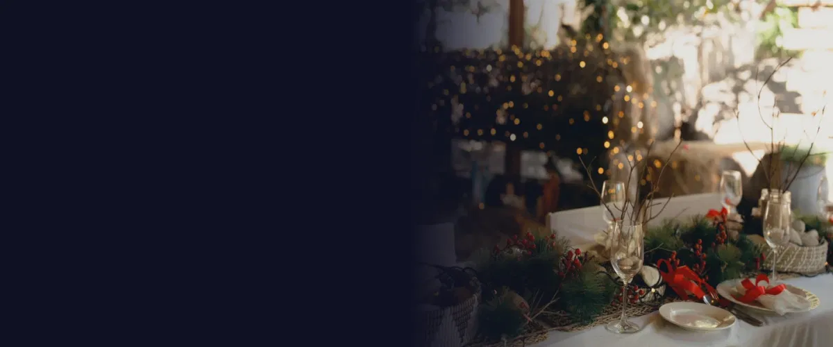 Corporate holiday party with seasonal hospitality, dining, and employee social space