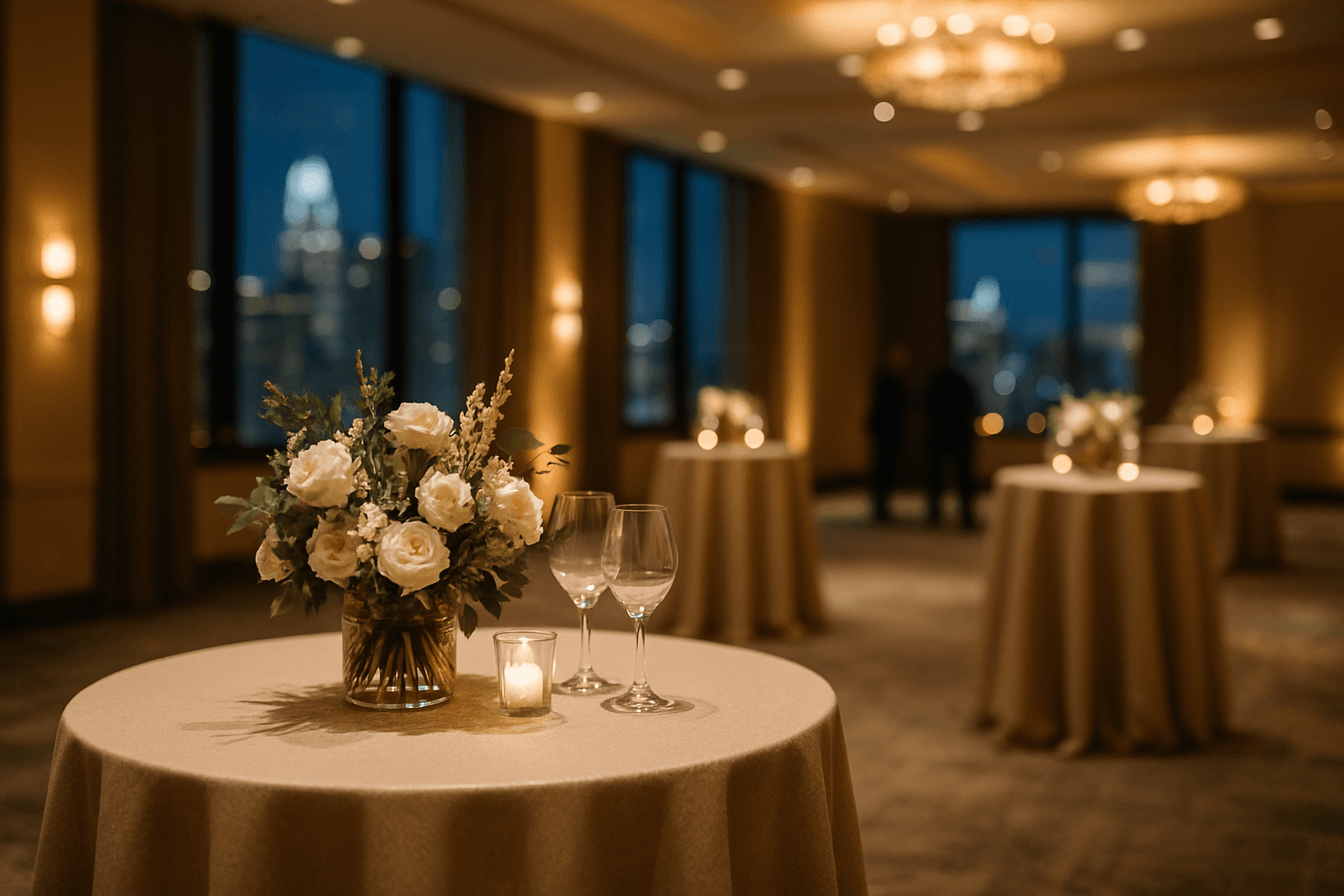 Elegant Charlotte client appreciation reception setup with cocktail tables floral details soft lighting and skyline-inspired atmosphere