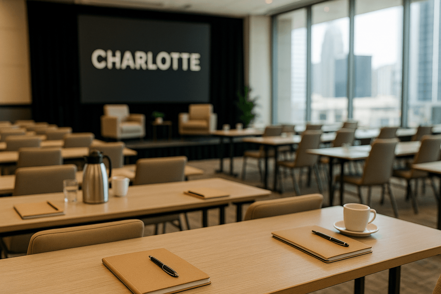 Professional conference setup in Charlotte with a stage, audience seating, and branded presentation screens