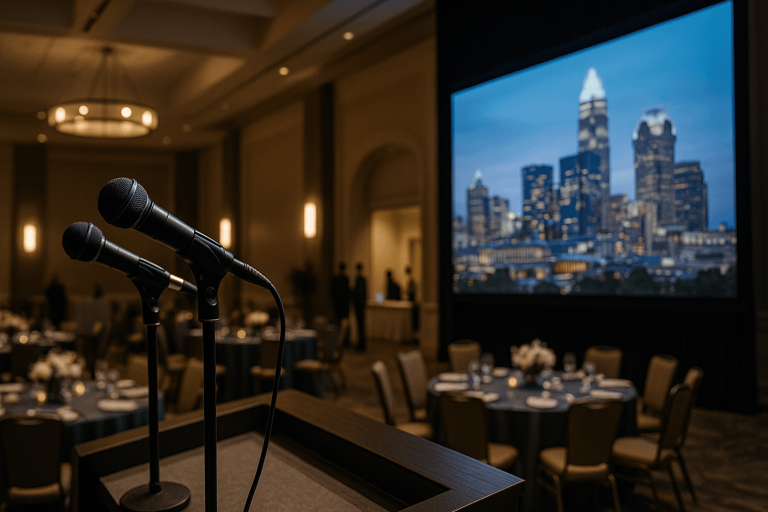 Elegant Charlotte corporate gala dinner setup with stage lighting and round tables