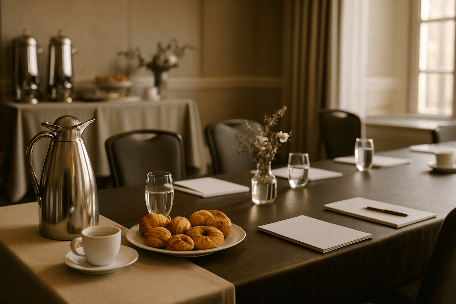 Elegant executive breakfast setup in a Charlotte hotel meeting room with coffee service notebooks and natural morning light