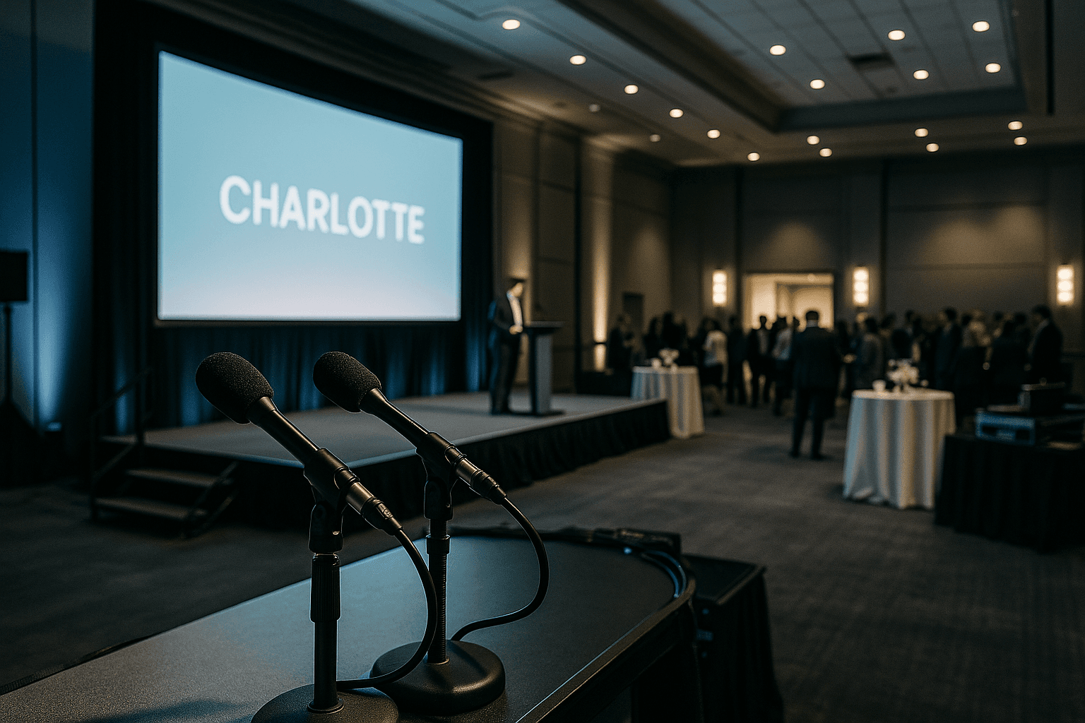 Executive product launch event setup in Charlotte with stage lighting and branded presentation screen