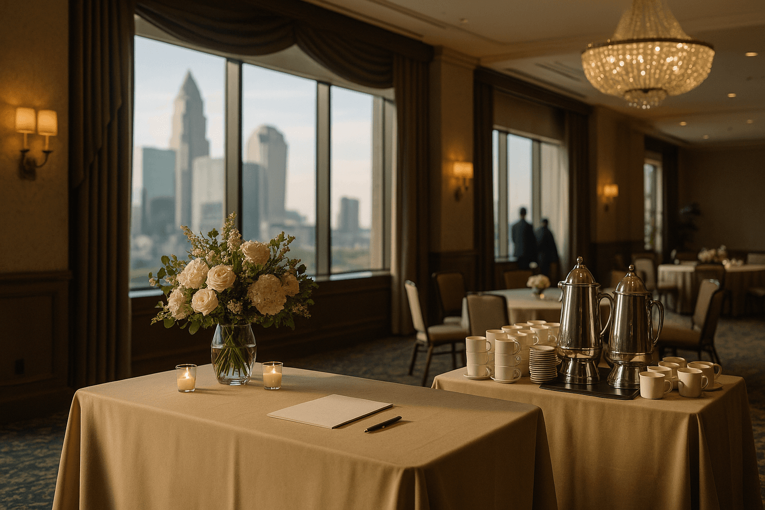 Charlotte hotel event lounge with polished welcome setup and skyline ambiance