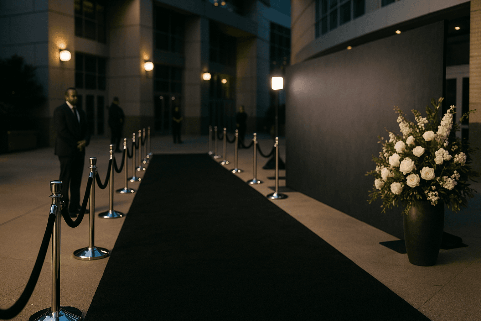Elegant Charlotte arena arrival experience with black carpet, velvet stanchions, media lighting, and upscale guest entry styling