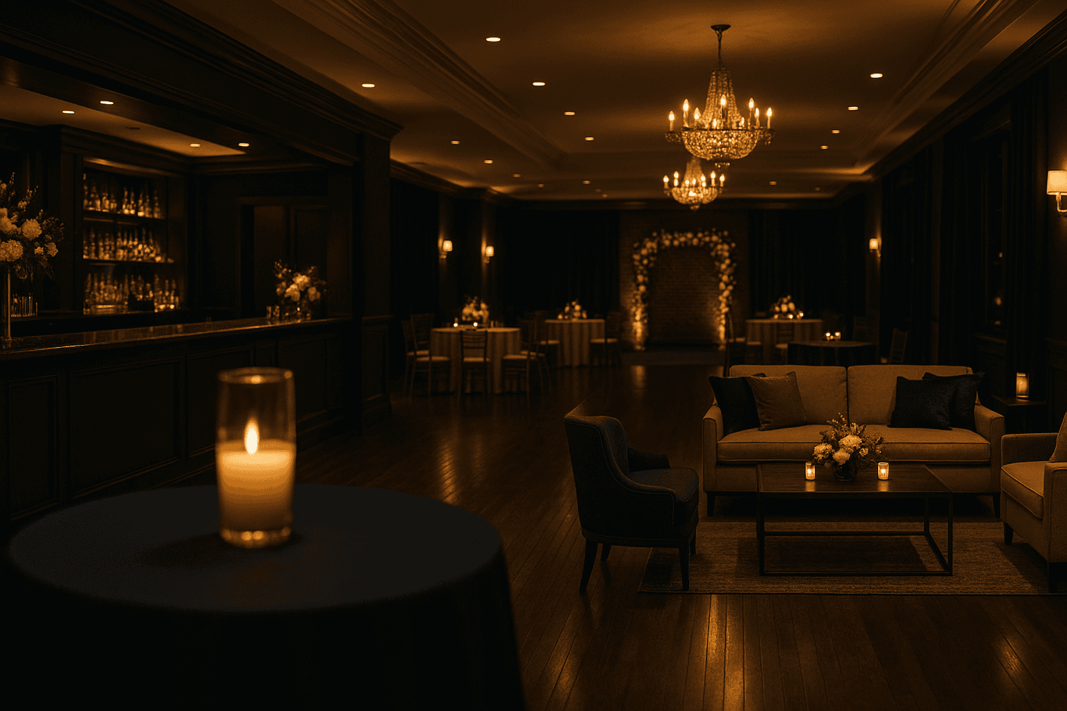Elegant wedding venue reception setup with tables, lighting, and ceremony space