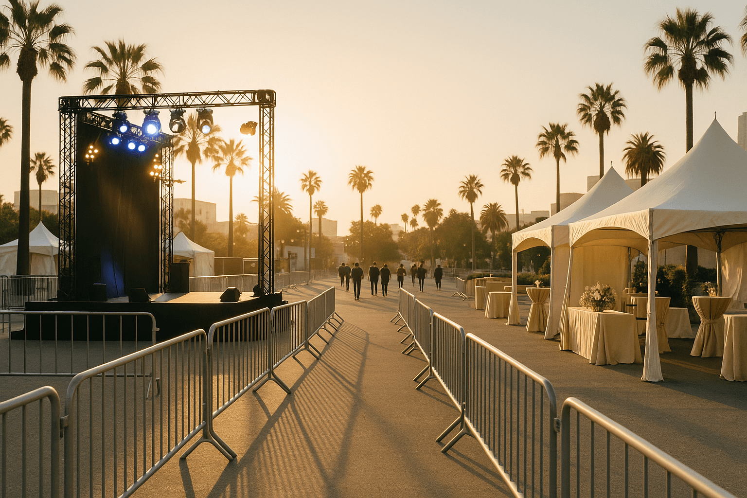 Large Los Angeles outdoor event production setup with stage lighting, crowd flow lanes, and polished hospitality zones