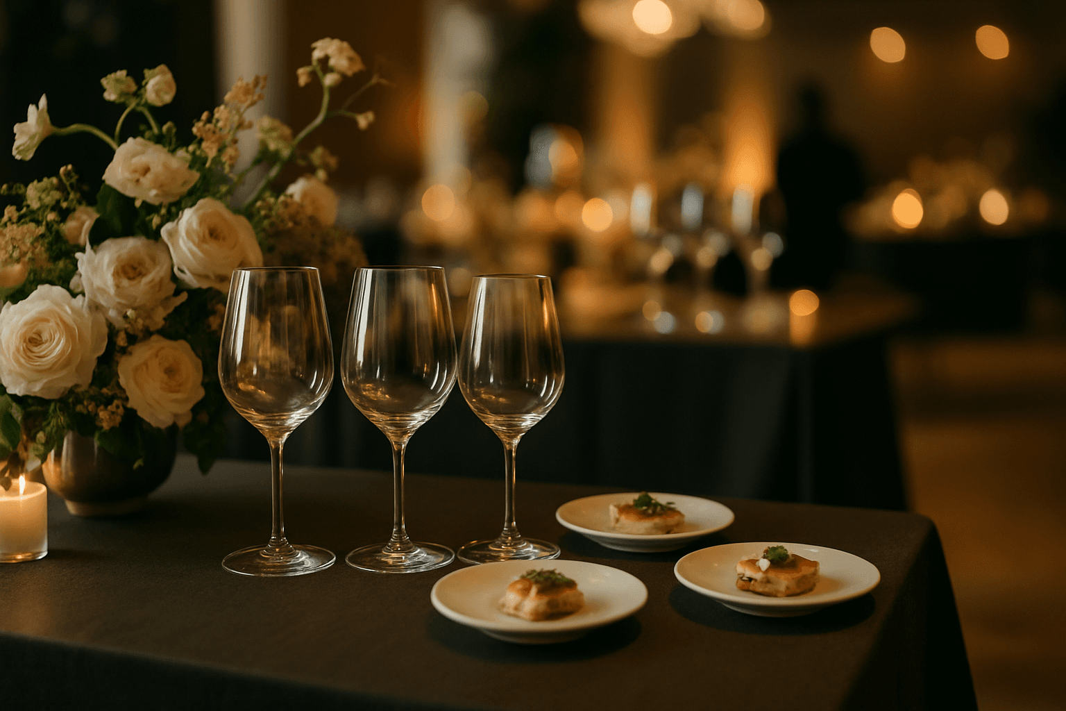 Elegant hospitality event tasting setup with wine glasses, floral details, and premium guest table design
