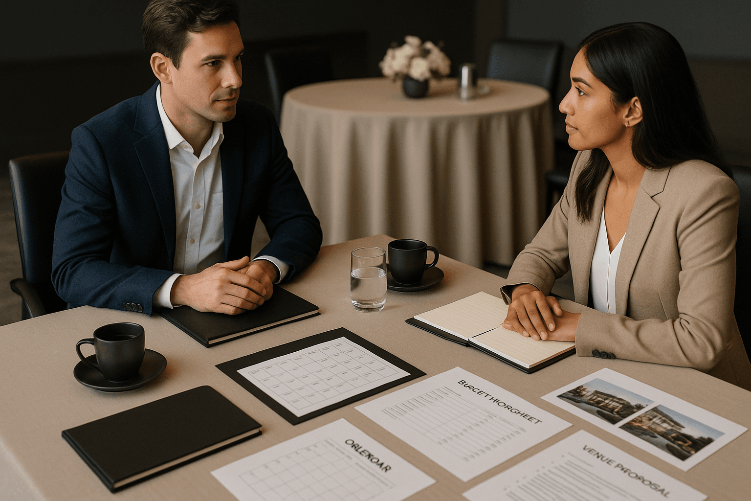 Couple reviewing a wedding budget and planning timeline with a laptop and notes